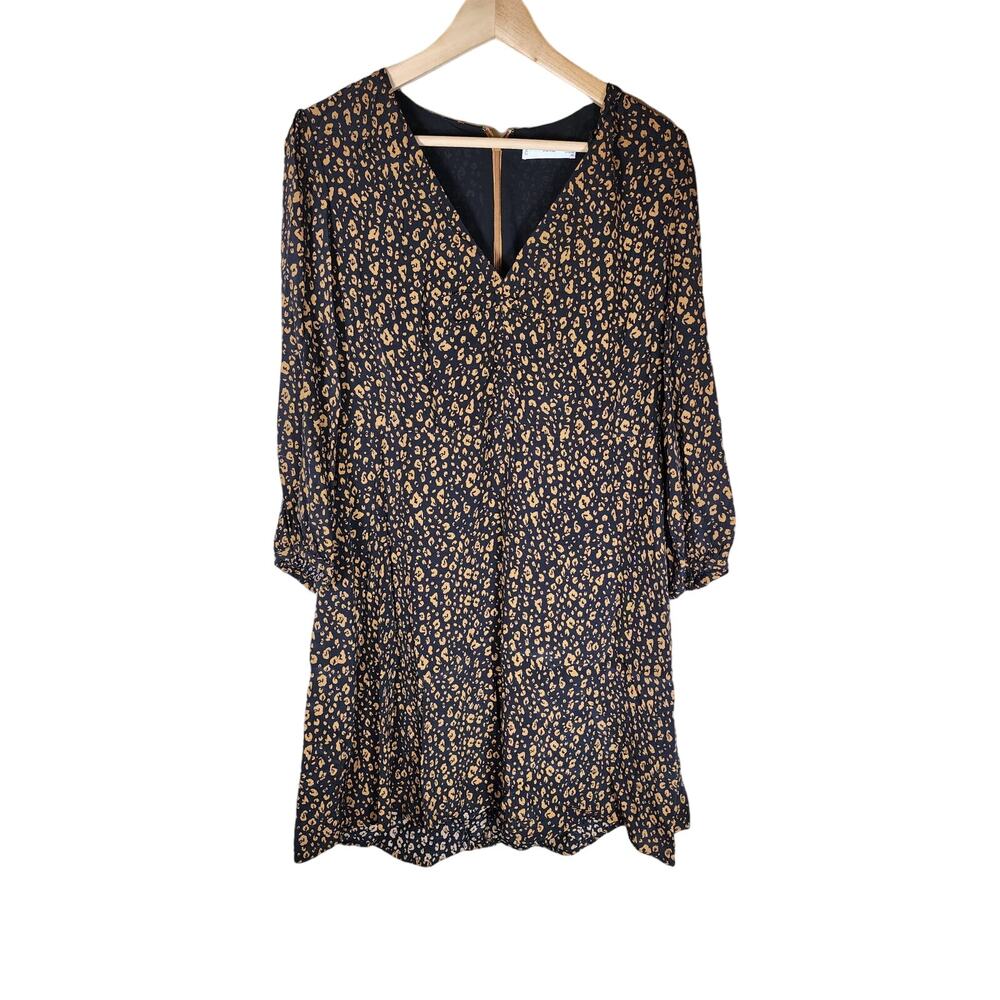 MNG MANGO Black Brown Print Lightweight Fit & Flare Jersey Short Dress SZ 10